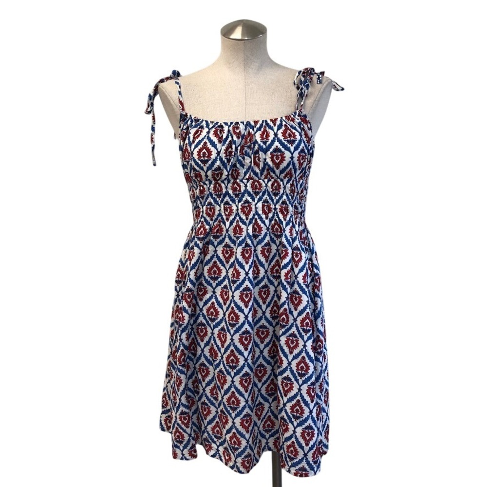 Madison Mathews Dress Womens XS Blue Red Block Print Smocked Cotton Sundress